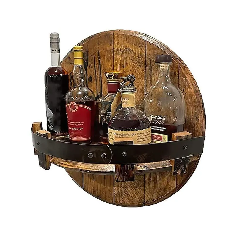 liquor bottle display bourbon whiskey barrel shelf wall mounted vintage round wine rack family kitchen bar rack decoration 220810