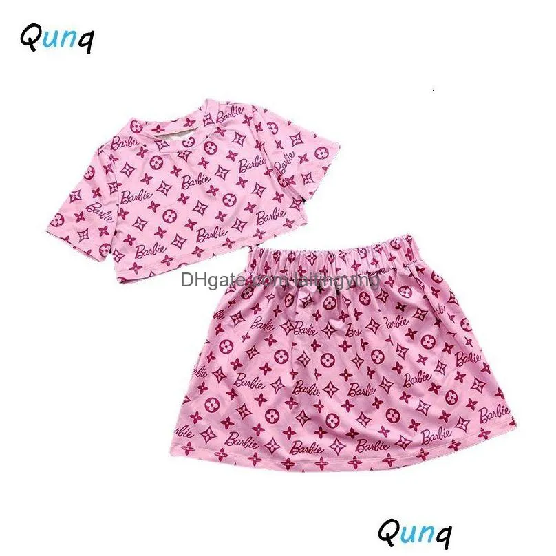 pajamas qunq 2023 summer girls o neck lovely print short sleeve pullover top skirt 2 pieces set casual children clothes age 3 t 8t