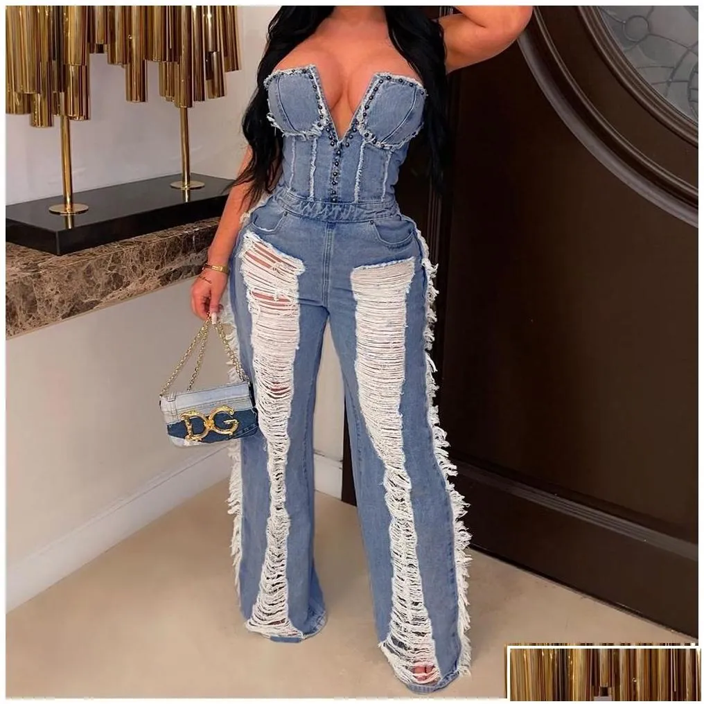 womens jeans flare leg 2023 hollow solid out y club strapless sleeveless high-end ripped high waist wide jumpsuits drop delivery appar