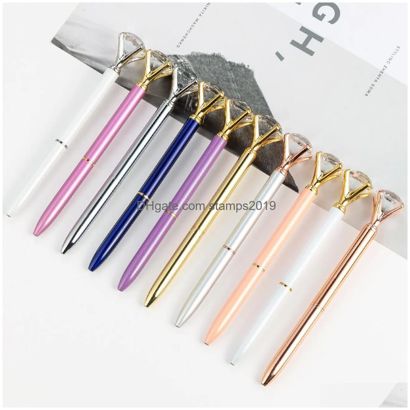 wholesale 27 colors student ballpoint pen with large diamond crystal big diamonds ballpen school office promotion metal gem ballpoint pens bh1260