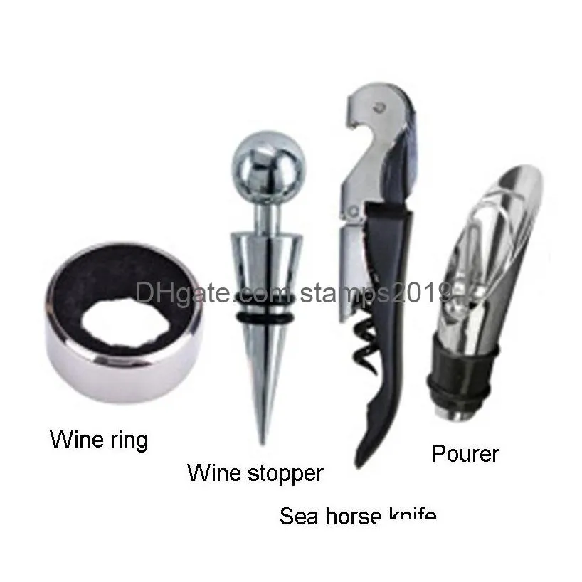 4 piece set stainless steel wine bottle opener sets hippocampus knife stopper pourer accessories home supplies bar counter tools bh1810