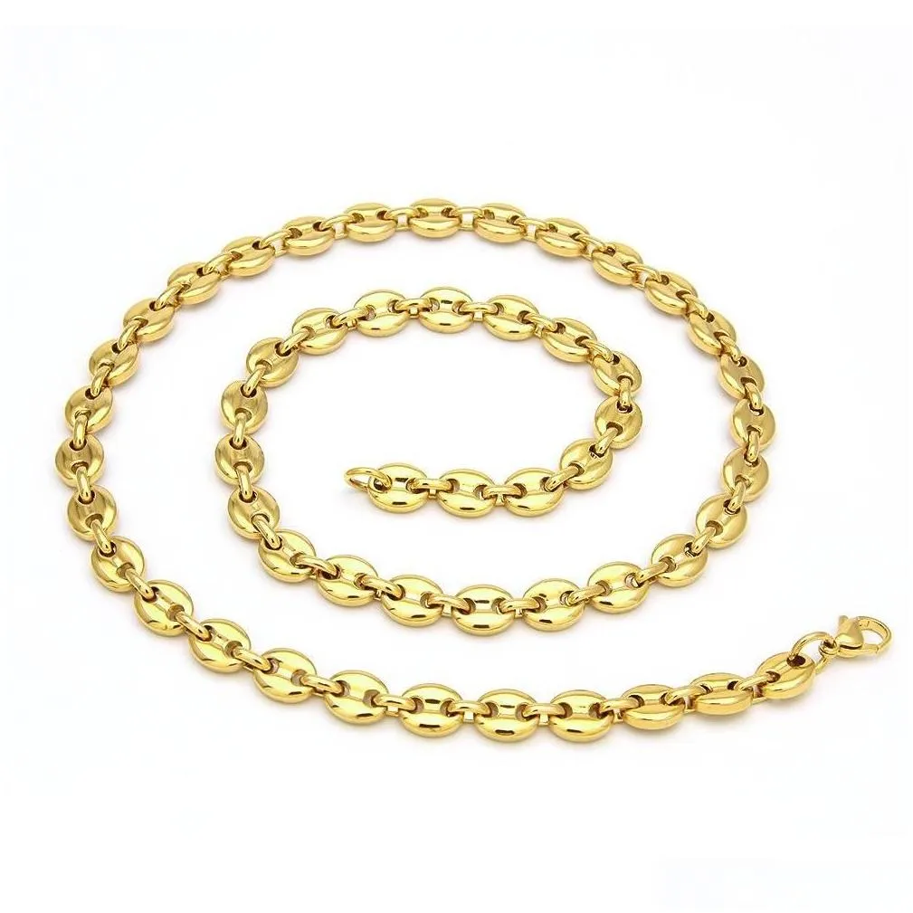 Stainless Steel Coffee Bean Chain Gold Silver Color Plated Necklace And Bracelets Jewelry Set Street Style 22 wmtDny whole2019