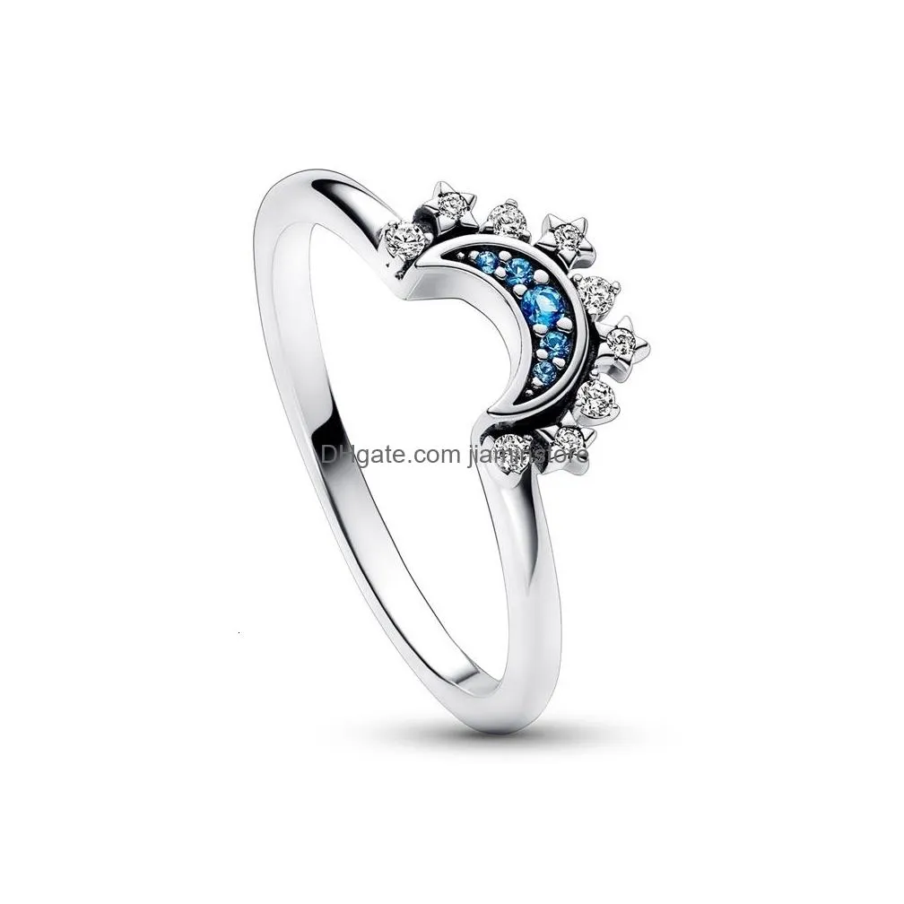 wedding rings summer blue sparkling moon and sun ring for women cocktail stackable finger band fashion silver 925 fine jewellry 230826