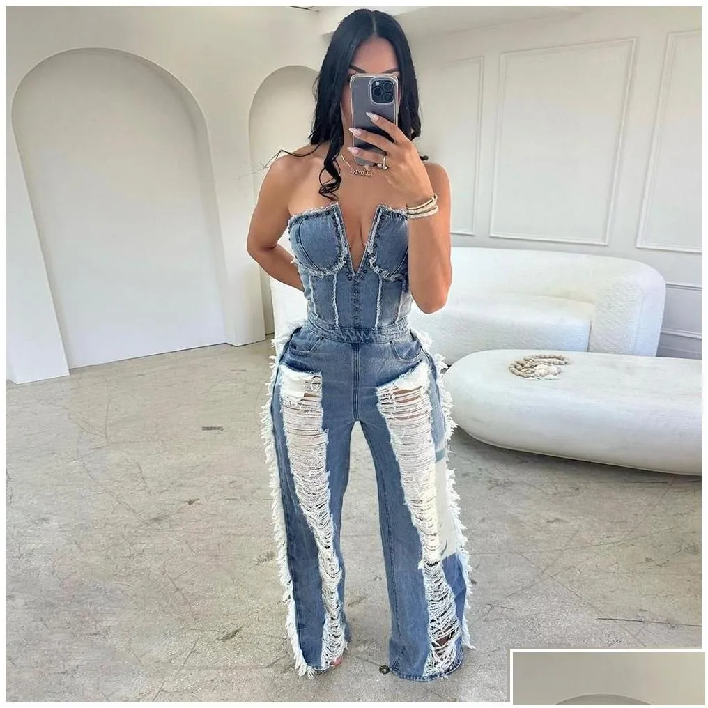 womens jeans flare leg 2023 hollow solid out y club strapless sleeveless high-end ripped high waist wide jumpsuits drop delivery appar