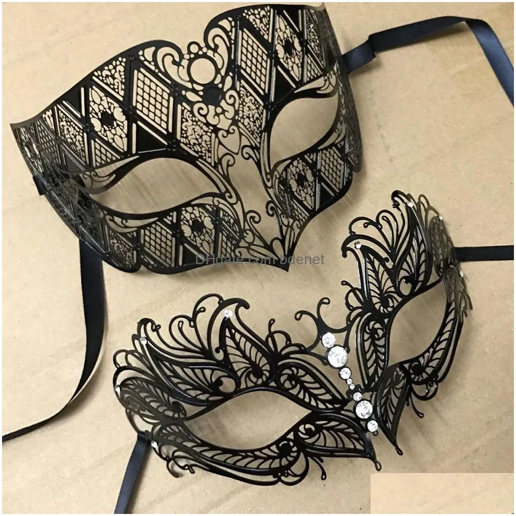 luxury silver men women lovers couple venetian party masks black metal laser-cut xmas costume shows wedding masquerade mask set