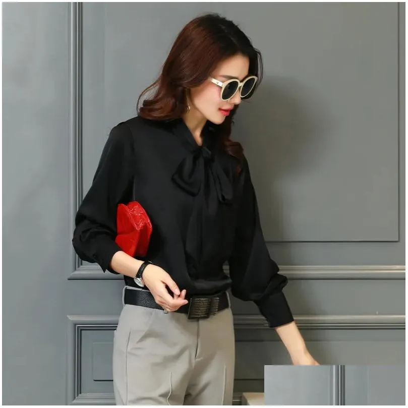 women silk blouse satin long sleeved butterfly bow shirt feminine  sweet tops plus size 3xl1