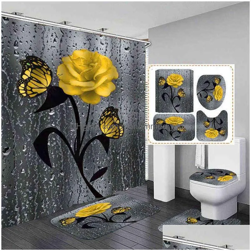 4 pcs rose print 3d shower curtain waterproof polyester bathroom curtain anti-slip bath mats set toilet rugs carpet home decor 211223