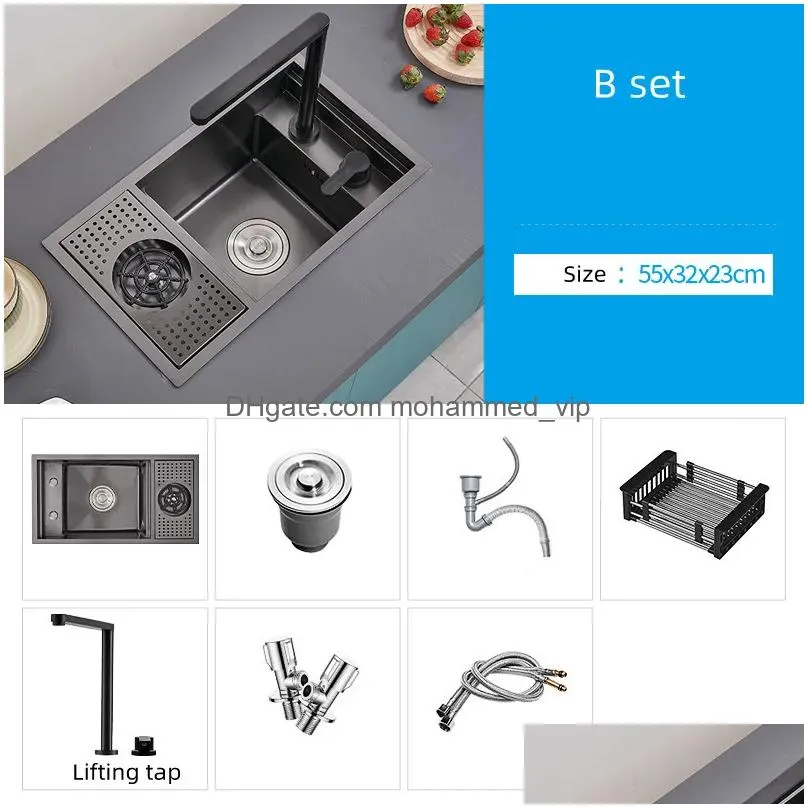 black small size hidden kitchen sink single bowl bar sink stainless steel balcony sink concealed black with cup washer bar