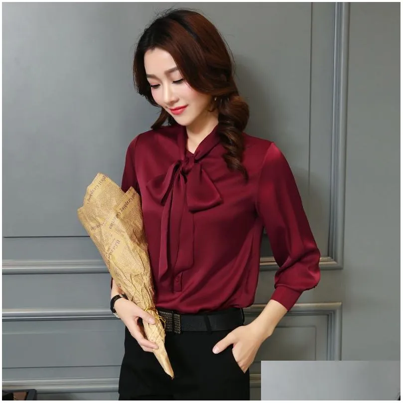 women silk blouse satin long sleeved butterfly bow shirt feminine  sweet tops plus size 3xl1