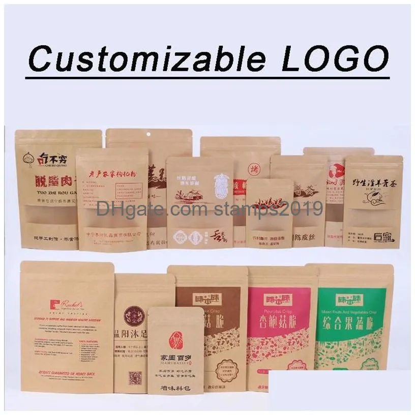 wholesale 11 sizes brown kraft paper stand-up bags heat sealable resealable zip pouch inner foil food storage packaging bag with tear notch dbc