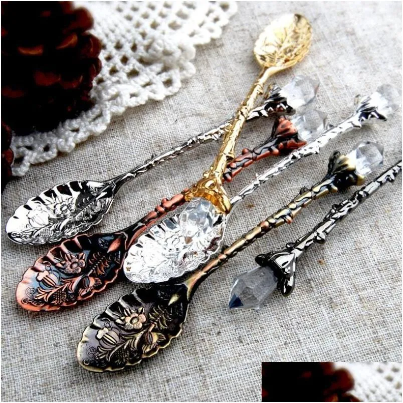 vintage royal style metal carved coffee spoons forks with crystal head kitchen fruit prikkers dessert ice-cream scoop lx4231