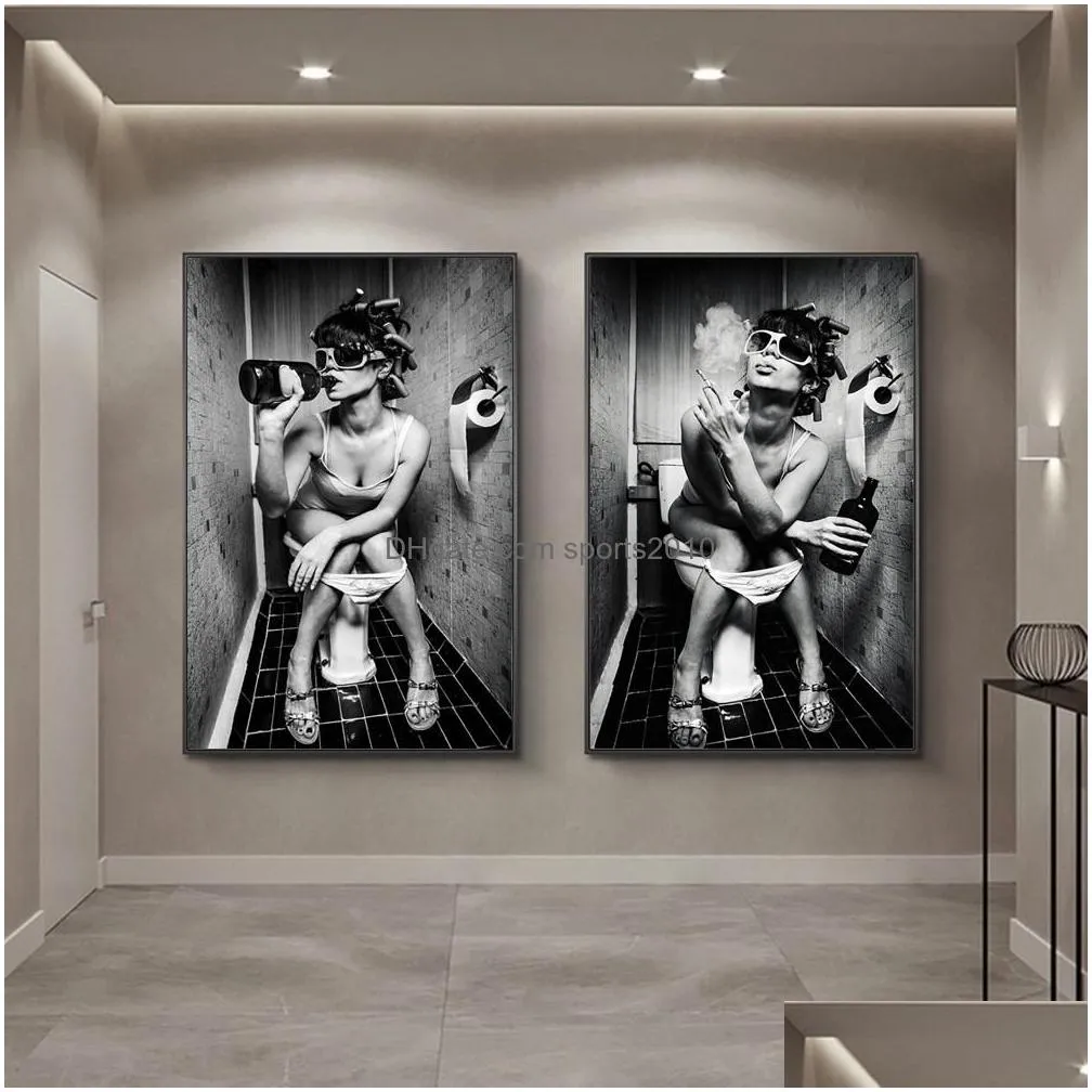 nordic canvas art posters and prints sexy girl sit in a toilet black and white woman smoke and drink in restroom picture poster