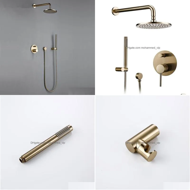 10 inch solid brass brushed gold bath bathroom shower head rianfall luxury combo faucet wall-mount arm mixer diverter set