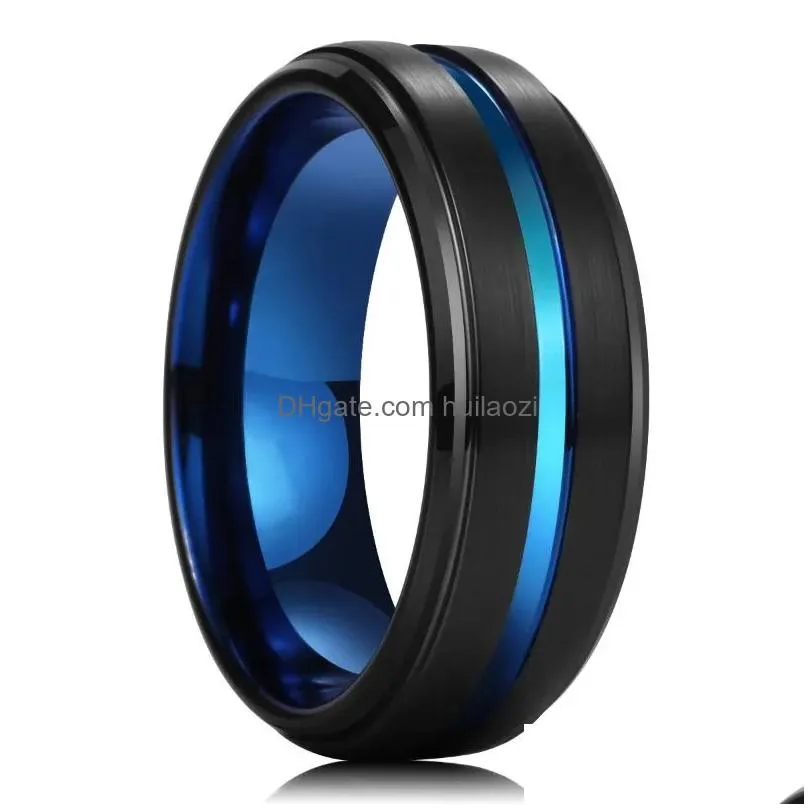 wedding rings fashion 8mm men blue turquoise stone inlaid tungsten ring with brushed center steel band jewelry giftwedding toby22