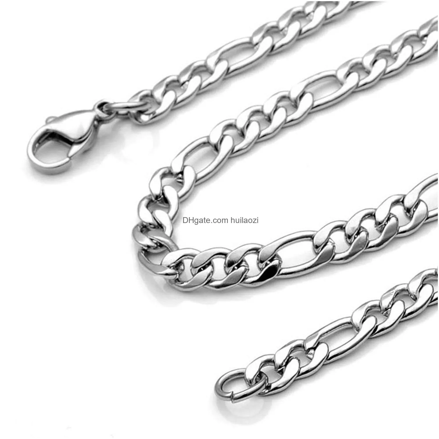 3mm/5mm/7mm/10mm stainless steel flat figaro curb cuban chain link for men women necklace 18-30 inch length with velvet bag