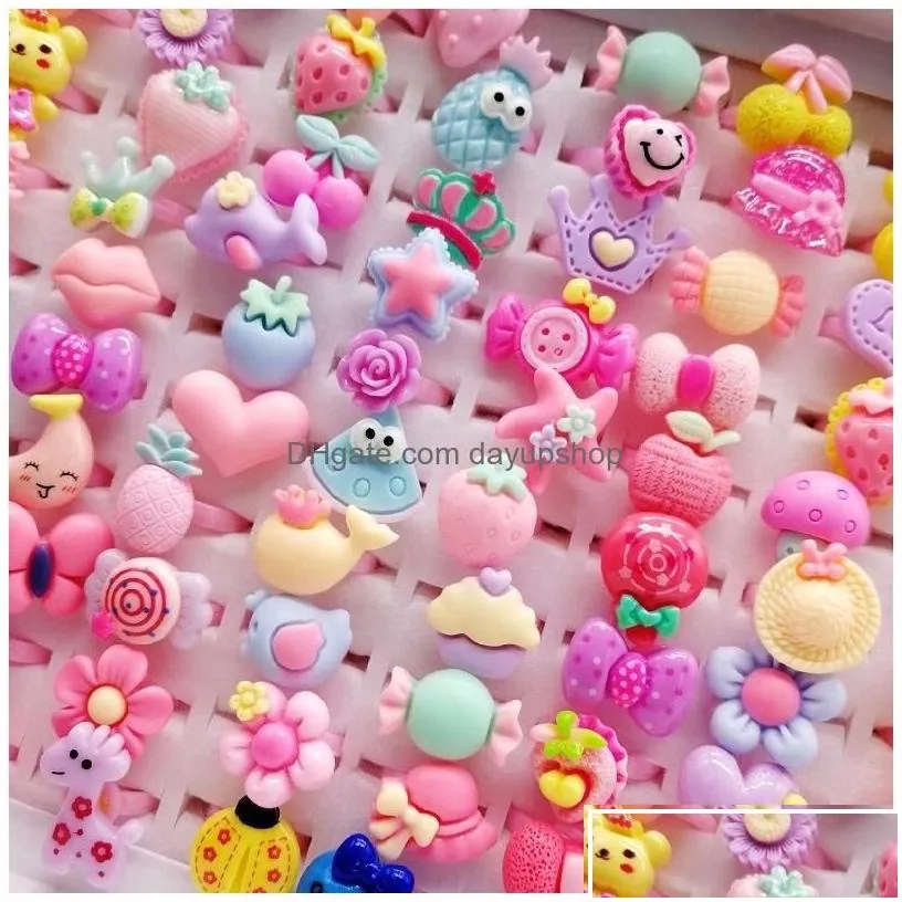 Band Rings Fashion 200Pcs/Lots Mixed Plastic Children Ring Resin Jewelry Kids Gift Boys Girls Cartoon Animal Flowers Fruit Baby Tangib