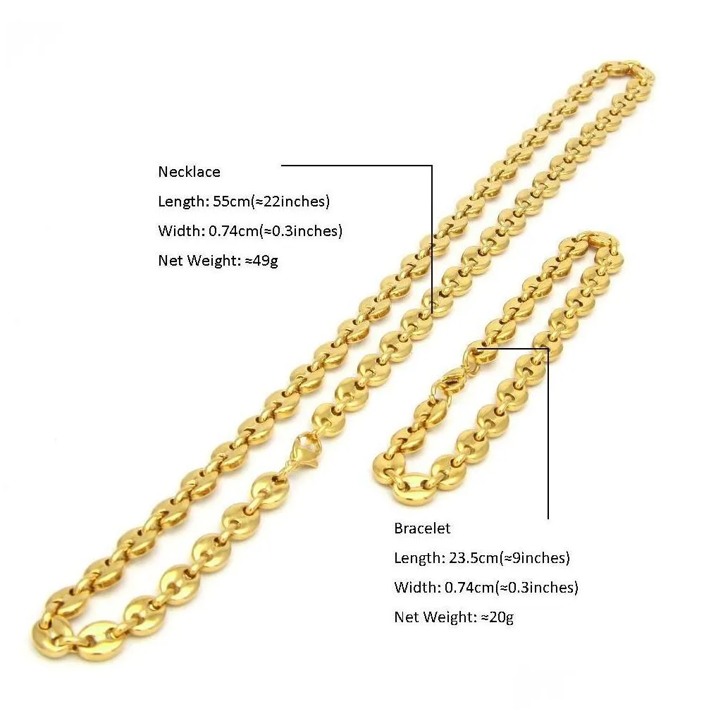 Stainless Steel Coffee Bean Chain Gold Silver Color Plated Necklace And Bracelets Jewelry Set Street Style 22 wmtDny whole2019