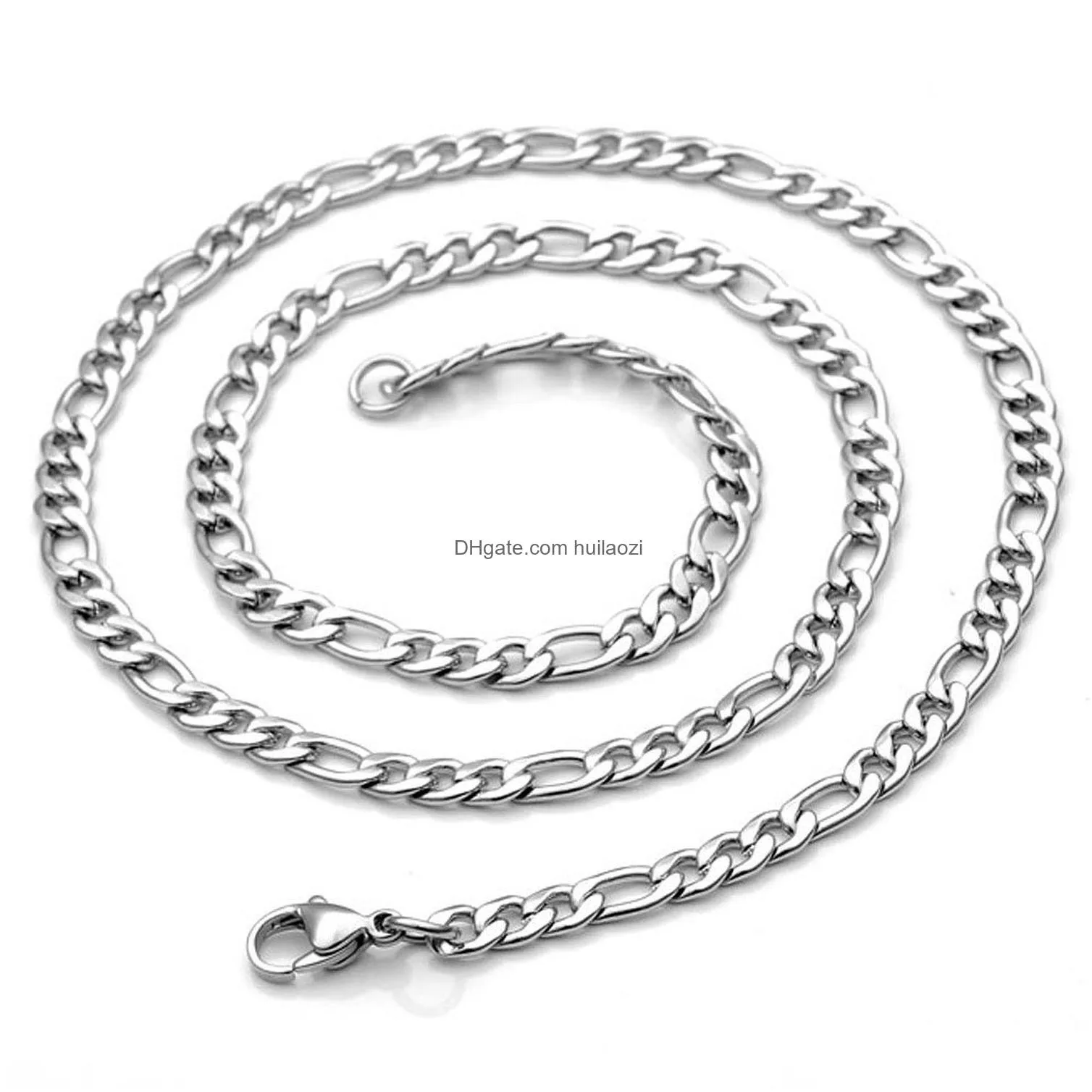 3mm/5mm/7mm/10mm stainless steel flat figaro curb cuban chain link for men women necklace 18-30 inch length with velvet bag