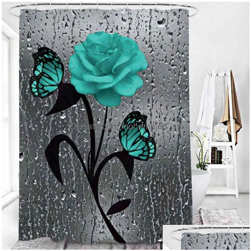 4 pcs rose print 3d shower curtain waterproof polyester bathroom curtain anti-slip bath mats set toilet rugs carpet home decor 211223