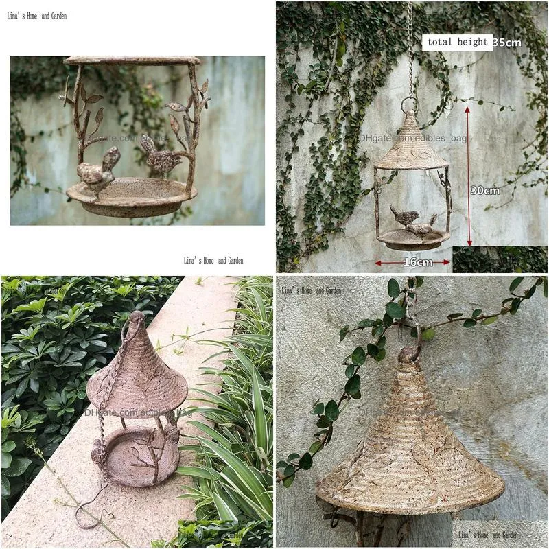 garden decorations decor rustic vintage country handmade metal hang bird water feeder tray 230715