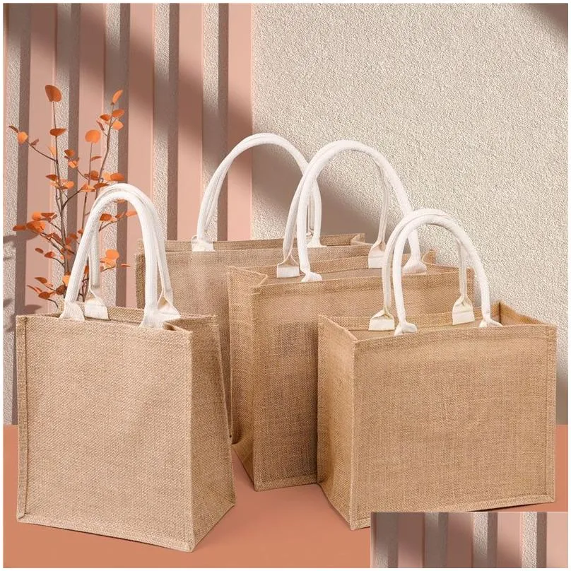 wholesale tote bags burlap jute reusable gift bag with handles for bridesmaid wedding women market grocery shopping handbag