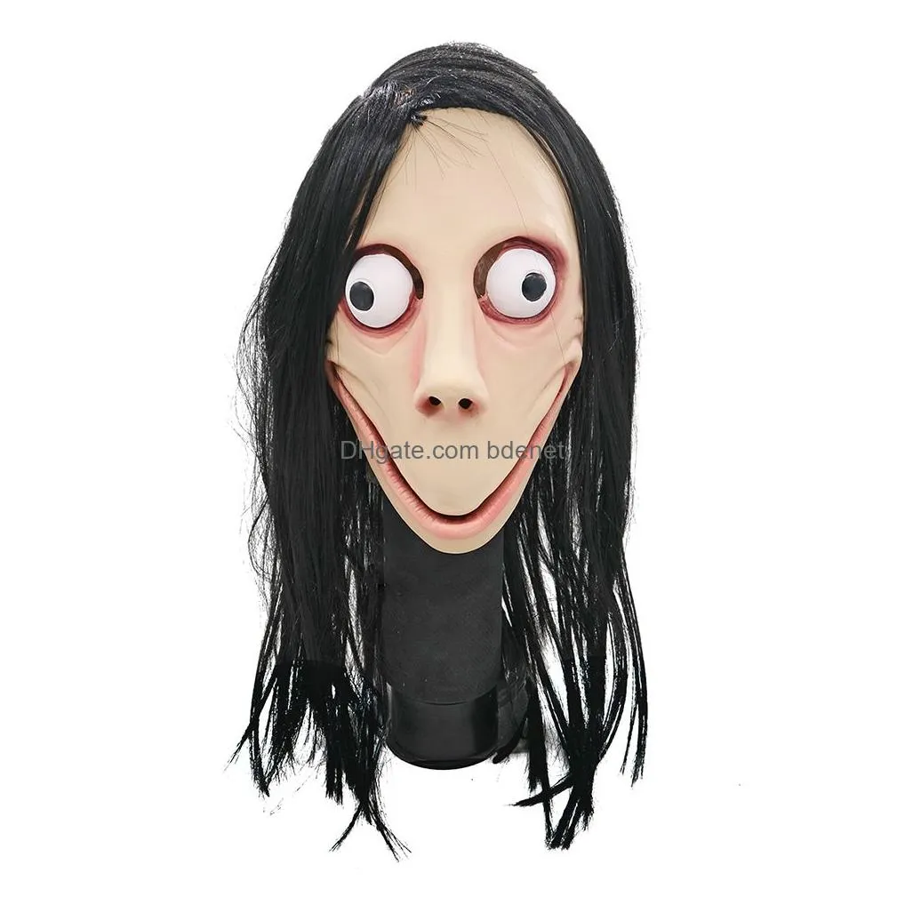 halloween scary masks full face hacking game horrible latex mask momo mask big eye with long wigs party props decorative masks y200103