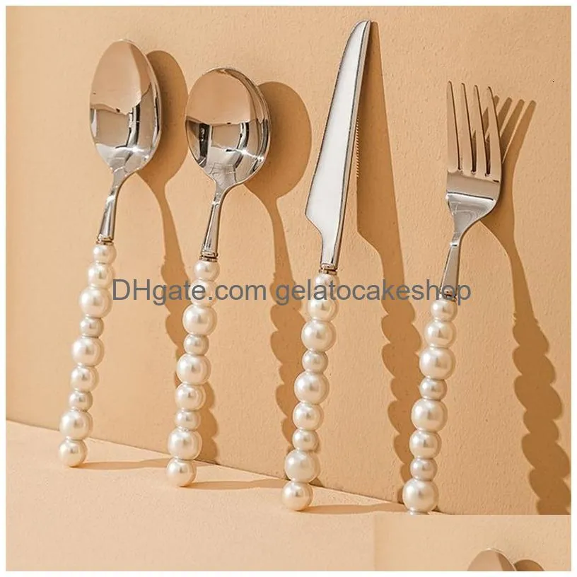 dinnerware sets 4pcs europe silver fashion pearl cutlery set 18 10 stainless steel creativity gift flatware 304 knife fork spoon drop