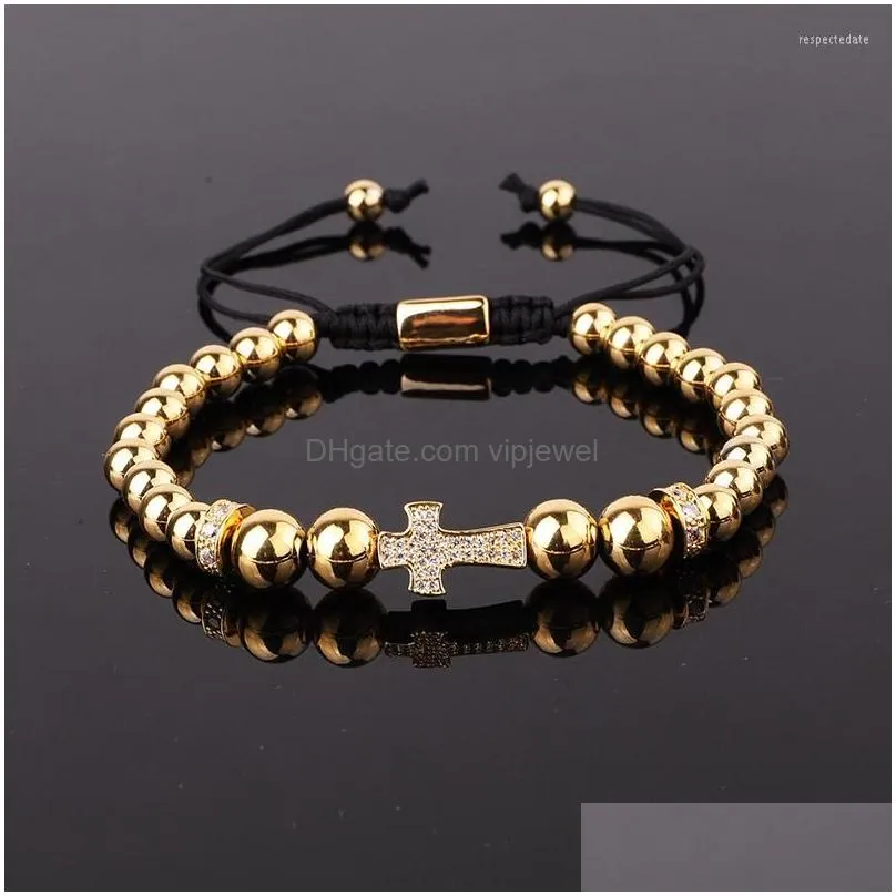 strand design men jewelry cz micro pave cross charm stainless steel beads macrame custom bracelet male