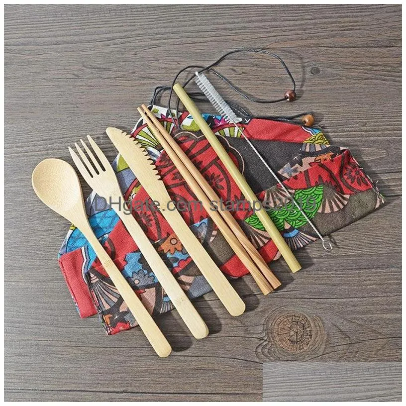 6 pcs/set bamboo flatware portable easy carrying dinnerware set bamboo straw cutlery set with bag and brush outdoor camping bh2302 cy