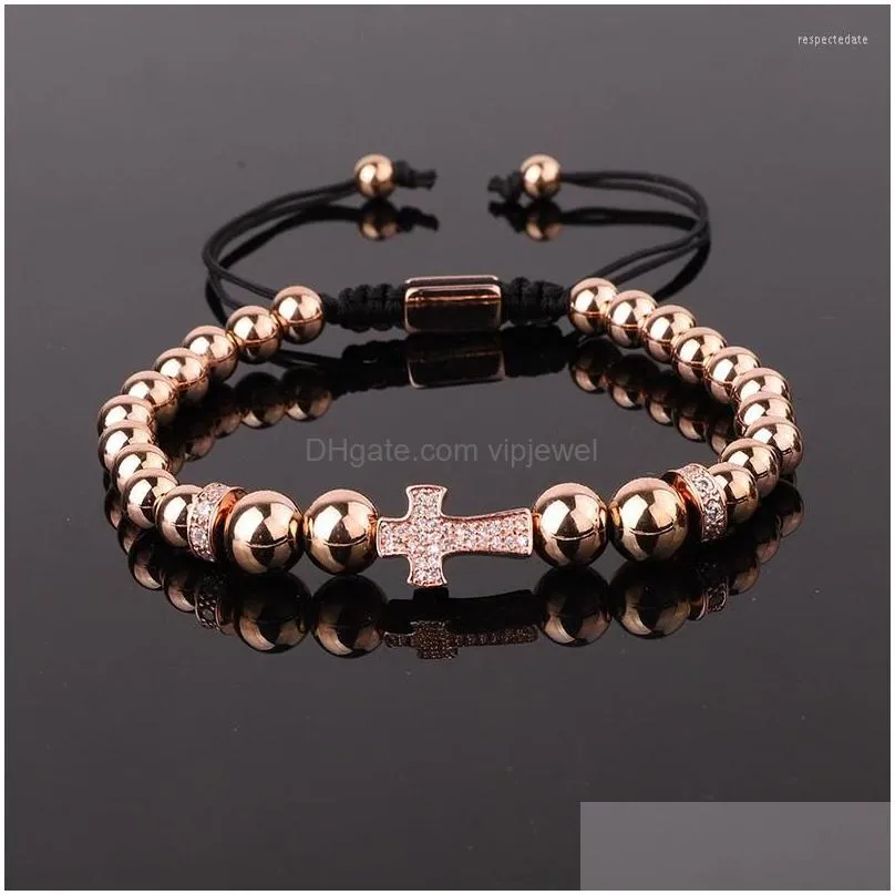 strand design men jewelry cz micro pave cross charm stainless steel beads macrame custom bracelet male