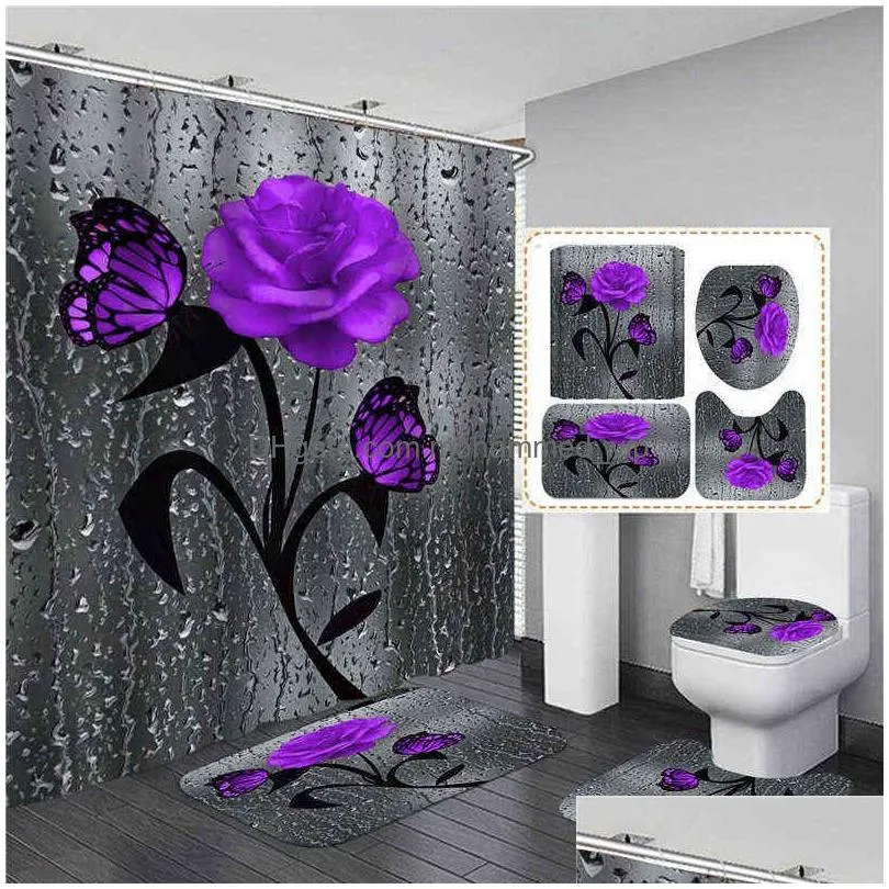 4 pcs rose print 3d shower curtain waterproof polyester bathroom curtain anti-slip bath mats set toilet rugs carpet home decor 211223