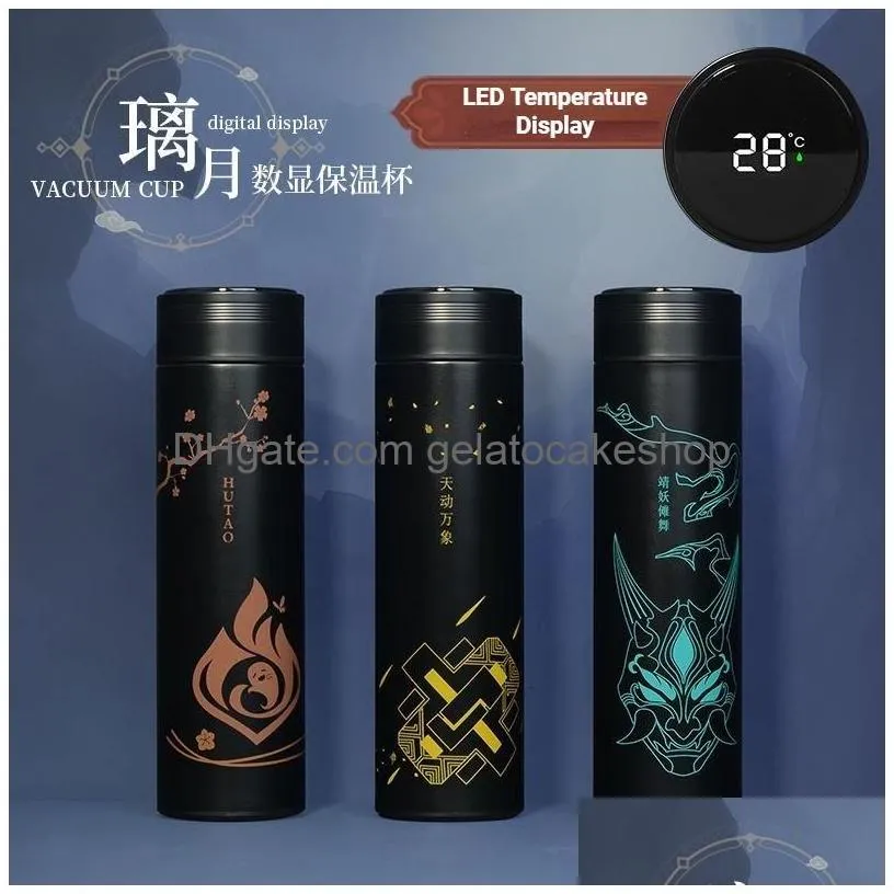 thermoses 500ml genshin impact vacuum cup xiao zhongli hutao thermos led temperature display stainless steel insulated flask 221203