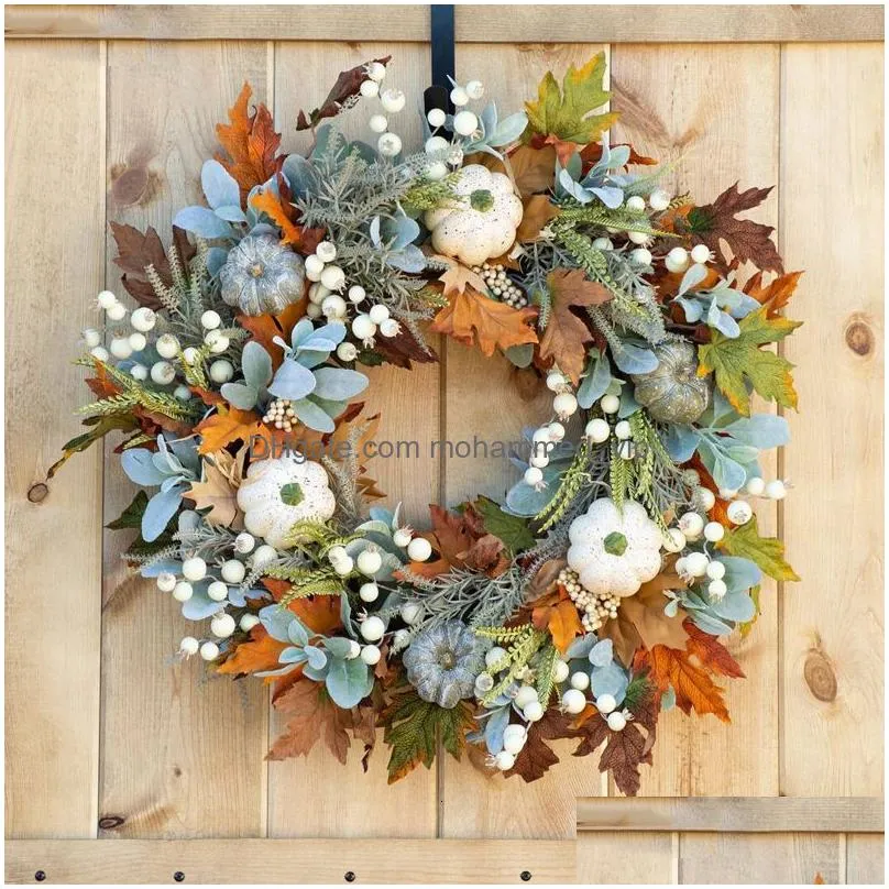 decorative flowers wreaths fall wreaths pumpkin berry maple leaf artificial wreath harvest autumn door wreath christmas halloween home hanging decoration