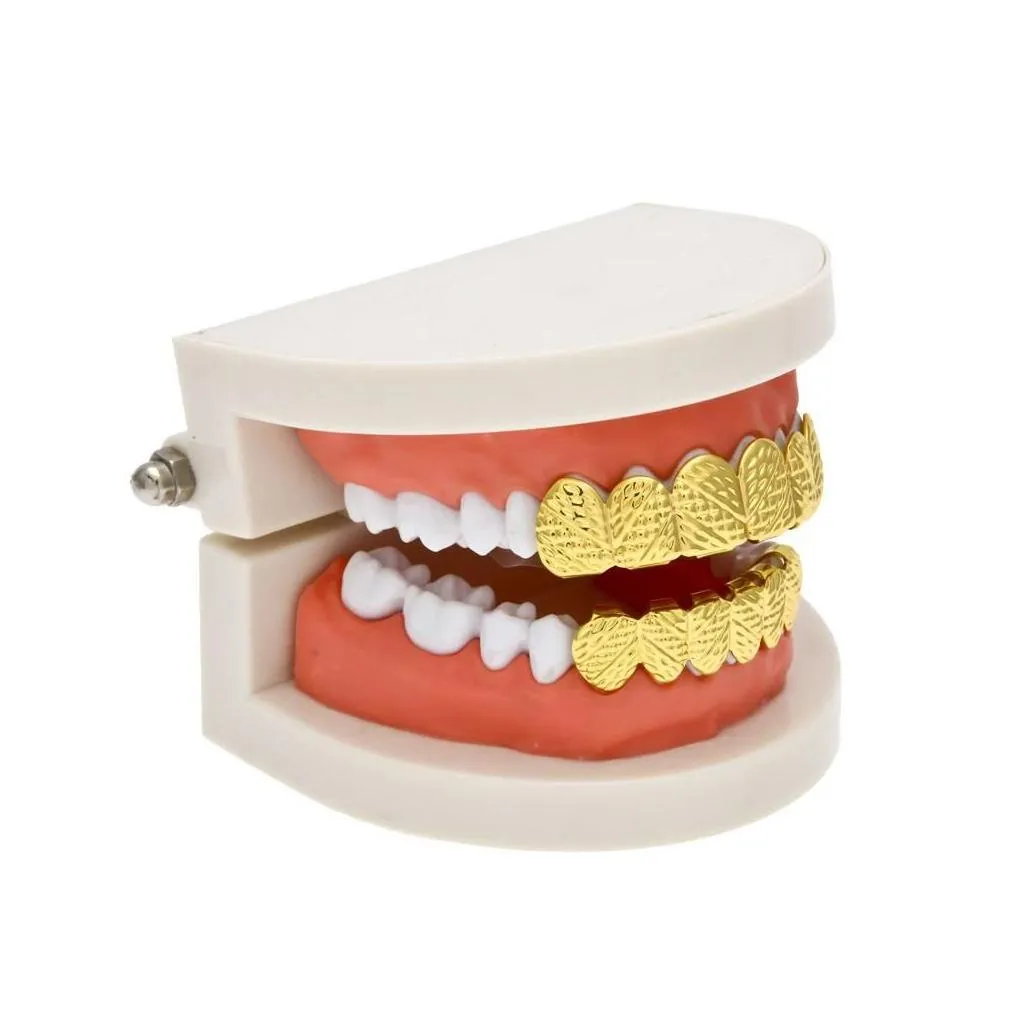 Grillz Dental Grills New Real Gold Sier Plated Hip Hop Lattice Shape Teeth Top Bootom Groll Set With Sile Fashion Party Jewelry Drop D