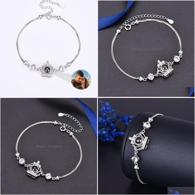 personalized crown 925 sterling silver projection bracelet custom picture women bracelet birthday gifts for lover family souvenir couple bracelet