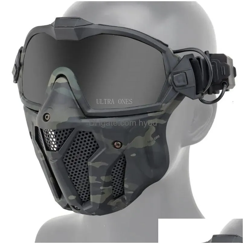 2 lens tactical full face mask with micro fan anti fog hunting shooting military combat masks airsoft paintball goggles set 231227