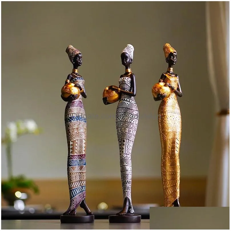 decorative objects figurines saakar resin painted black statue decor retro african women holding pottery pots home bedroom desktop collection items