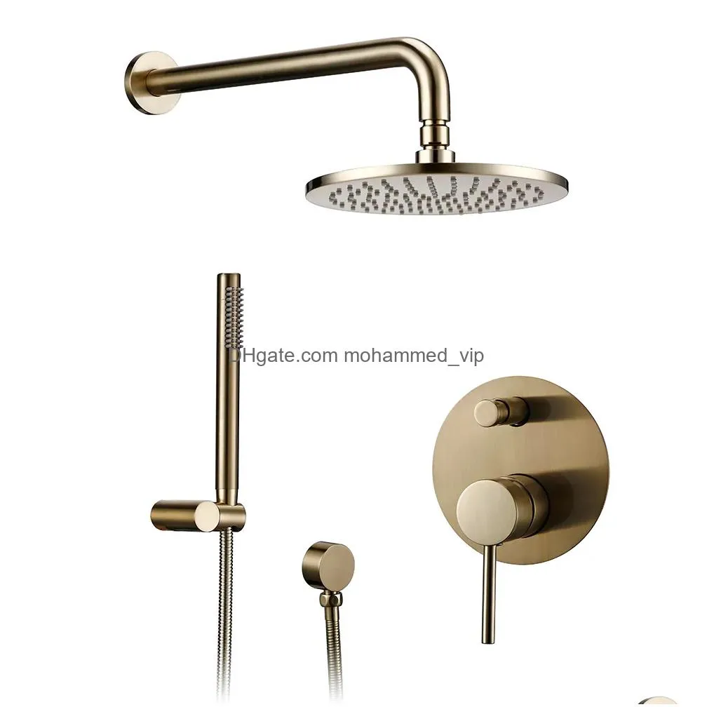 10 inch solid brass brushed gold bath bathroom shower head rianfall luxury combo faucet wall-mount arm mixer diverter set