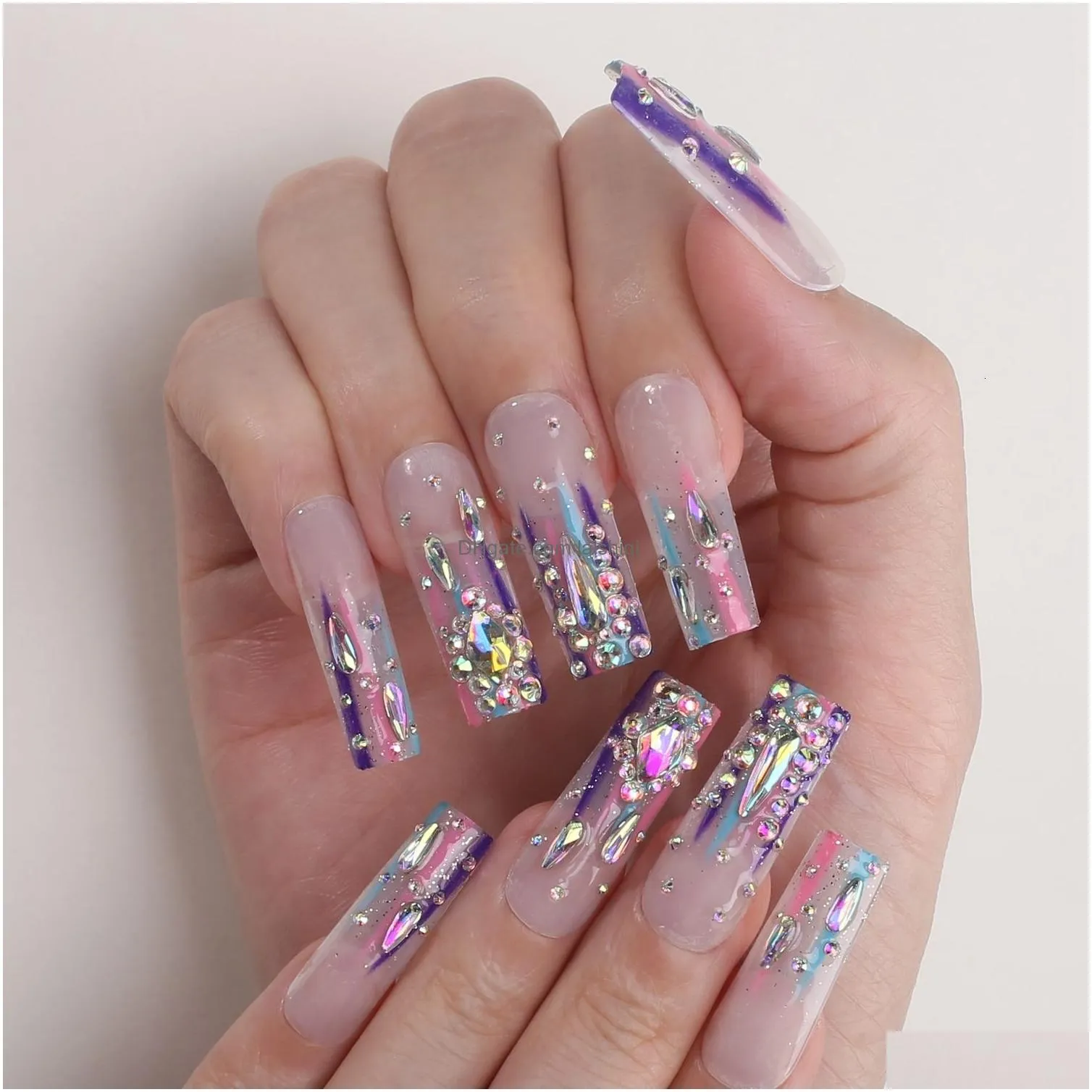 false nails super luxury diamond acrylic nail handmade transparent rainbow nail salon rectangular flash false nail press customized nail