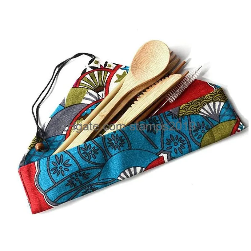 6 pcs/set bamboo flatware portable easy carrying dinnerware set bamboo straw cutlery set with bag and brush outdoor camping bh2302 cy