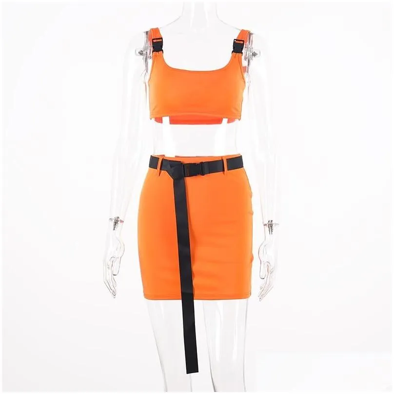 two piece dress summer women neon pieces set skirt bandage crop top and tracksuit outfits streetwear 2 festival clothes