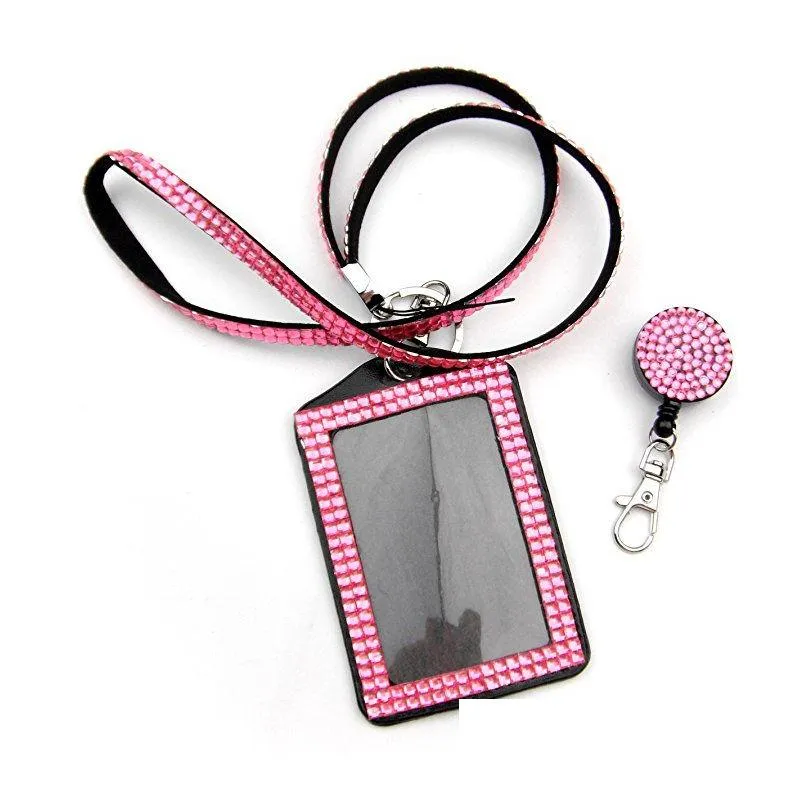 wholesale rhinestone bling lanyard crystal diamond necklace neck strap with horizontal lined id badge holder and key chain for id/key/cell