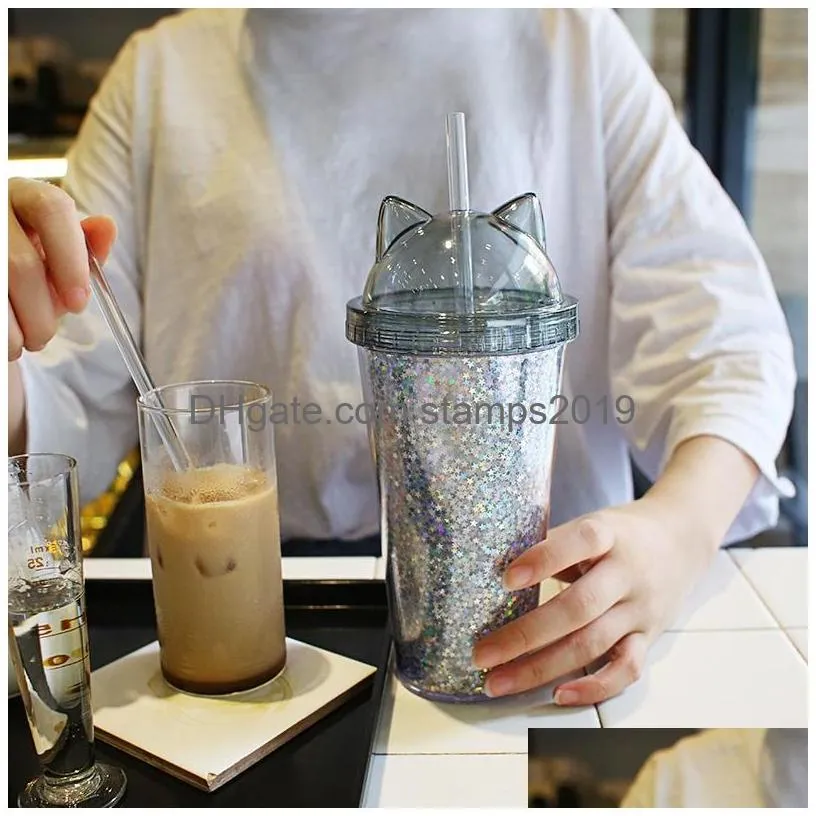 cat ear flashing double layer cup cute cartoon creative plastic cups tumbler sequin juice wine bottle with straw gift cup 3 color bh2242