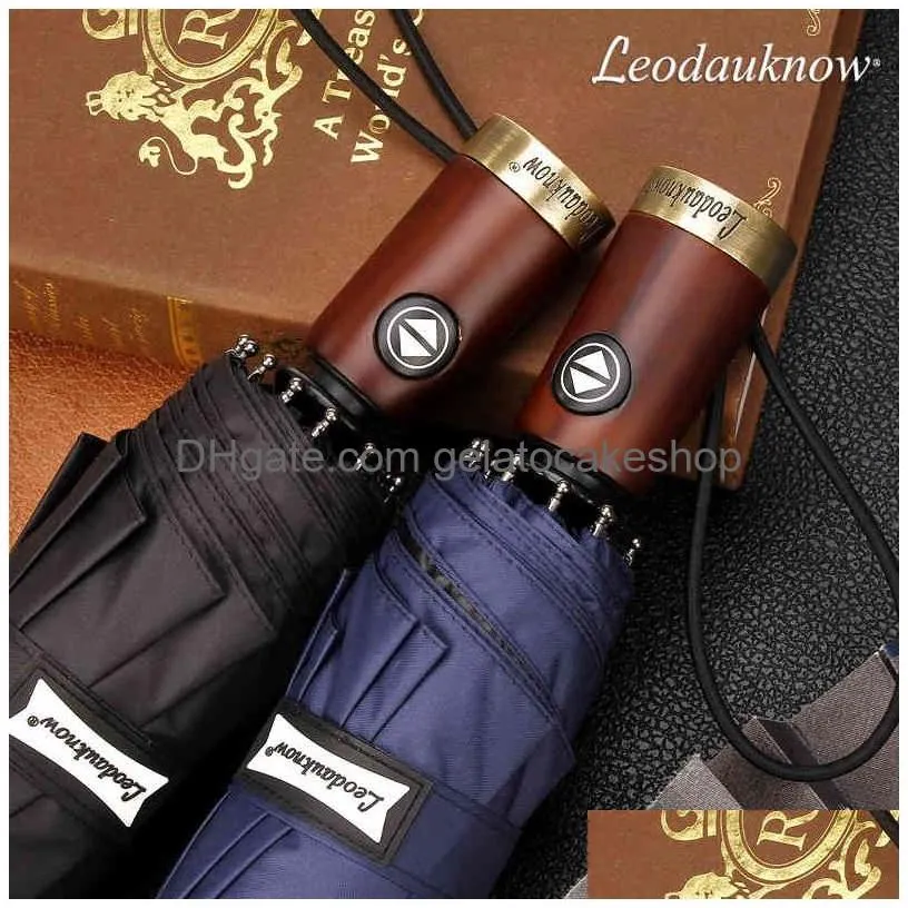 leodauknow business fully automatic three folding windproof solid wood handle with metal men s sunny and rainy umbrella 210320