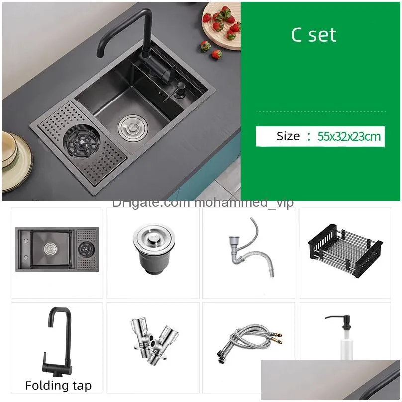 black small size hidden kitchen sink single bowl bar sink stainless steel balcony sink concealed black with cup washer bar