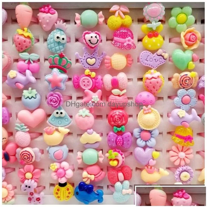 Band Rings Fashion 200Pcs/Lots Mixed Plastic Children Ring Resin Jewelry Kids Gift Boys Girls Cartoon Animal Flowers Fruit Baby Tangib