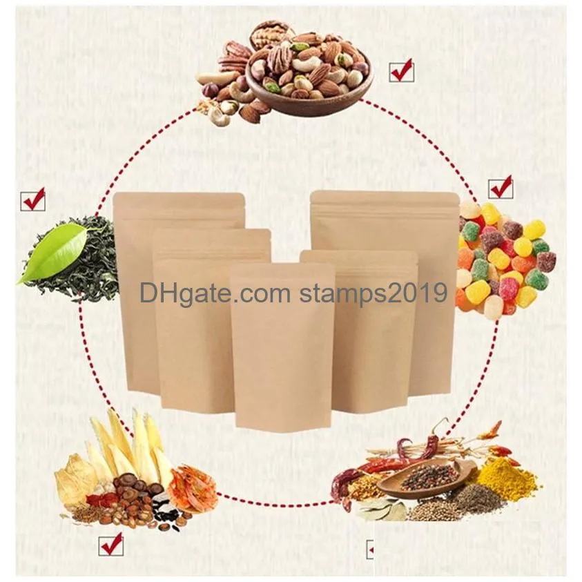 wholesale 11 sizes brown kraft paper stand-up bags heat sealable resealable zip pouch inner foil food storage packaging bag with tear notch dbc