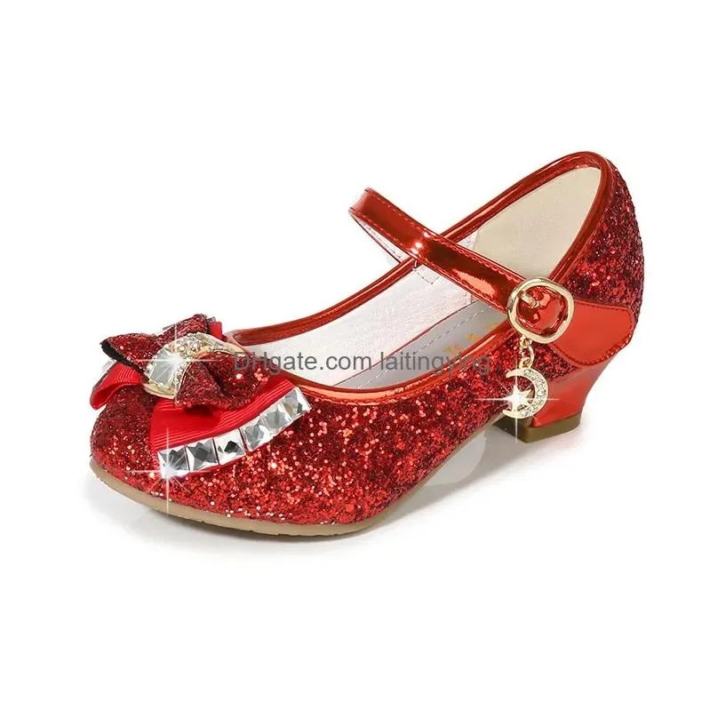girls small high heeled leather shoes princess kids flower casual glitter sequined upper bow decoration children s dance 220525