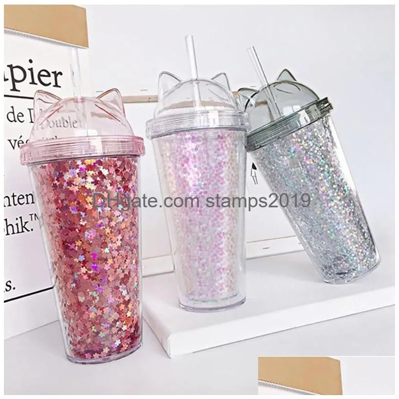 cat ear flashing double layer cup cute cartoon creative plastic cups tumbler sequin juice wine bottle with straw gift cup 3 color bh2242
