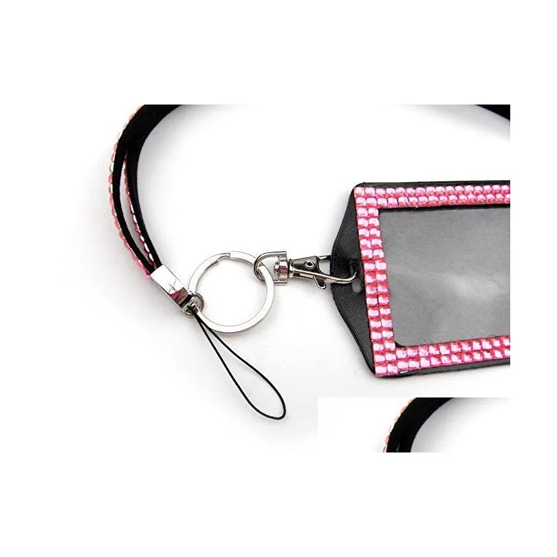 wholesale rhinestone bling lanyard crystal diamond necklace neck strap with horizontal lined id badge holder and key chain for id/key/cell